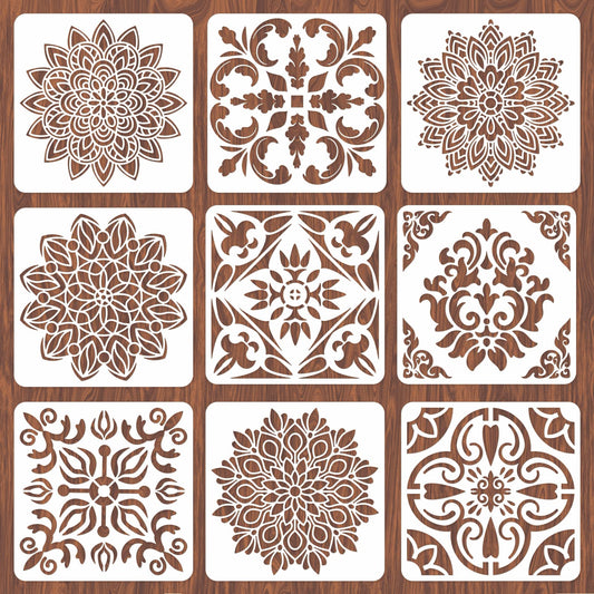 INFUNLY 9PCS/Set Mandala Flowers Wall Stencils for Painting 12x12 Mexican Tile Stencil Art Flower Concrete Floor Stencils Reusable Drawing Template for Painting Wood Canvas Furniture Patio Home Decor