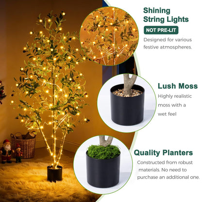 Olive Trees Artificial Indoor, 5FT Tall Faux Olive Tree with Moss and Planter, Artificial Plants Indoor with Natural Wood Trunk and Lifelike Fruits, Fake Tree for Home Office Living Room Decor