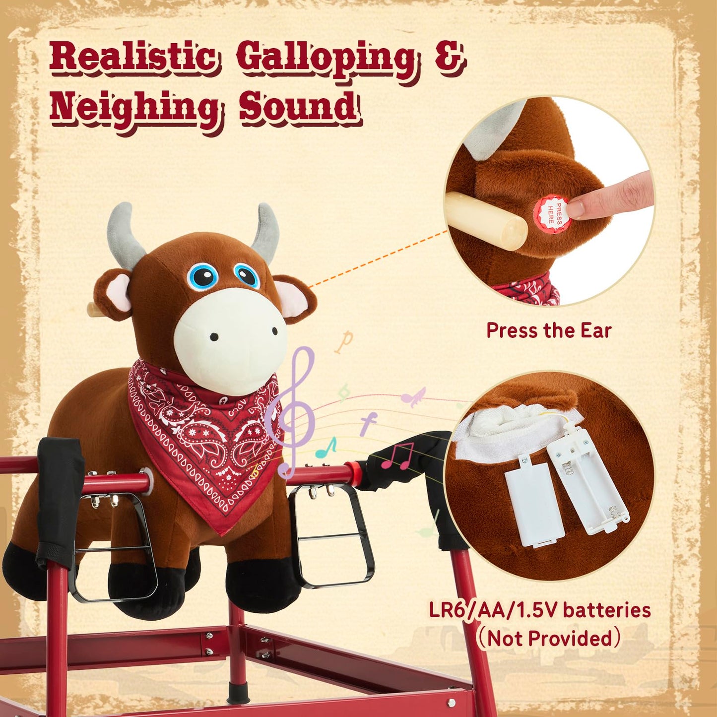 FUNLIO Bull Spring Rocking Horse for Kids 3-6, Wild Ride on Horse with Covered Spring & Sturdy Frame, Neighing & Galloping Sound for Pretend Play, Spring Horse Toys Gift, CPC & CE Certified