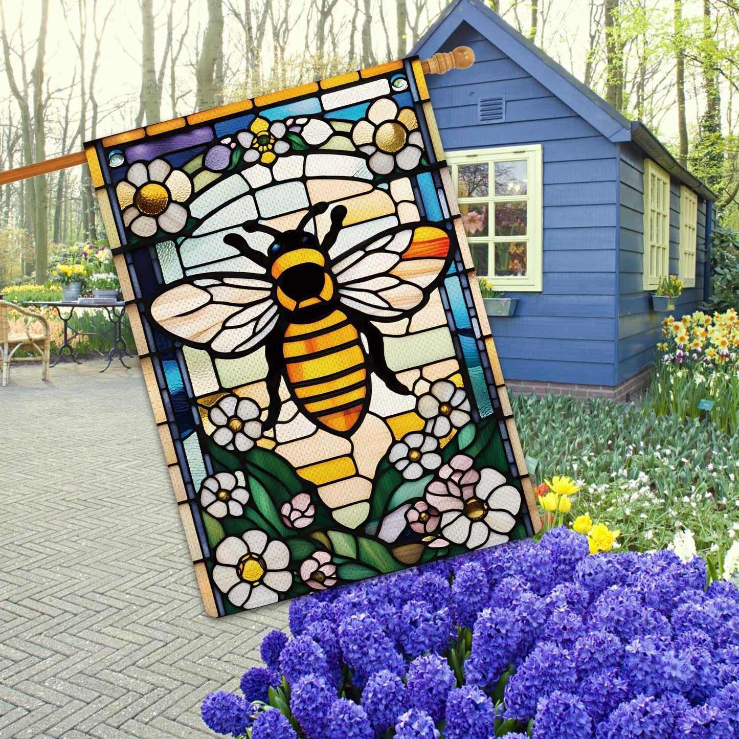 Jauageon Bee Happy Garden Flag Spring Summer Flowers Garden Flag Glass Style Vertical Double Sided Rustic Farmland Burlap Yard Lawn Outdoor Decor 28x40"