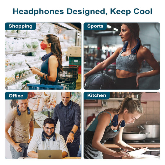 CIVPOWER Neck Fan: Portable Personal Neck Cooling Rechargeable Bladeless Fan - Hands Free 3 Speed 4000 mAh Battery USB Operated Wearable Headphone Design - Gift for Men Women Outdoor (Dark Blue)