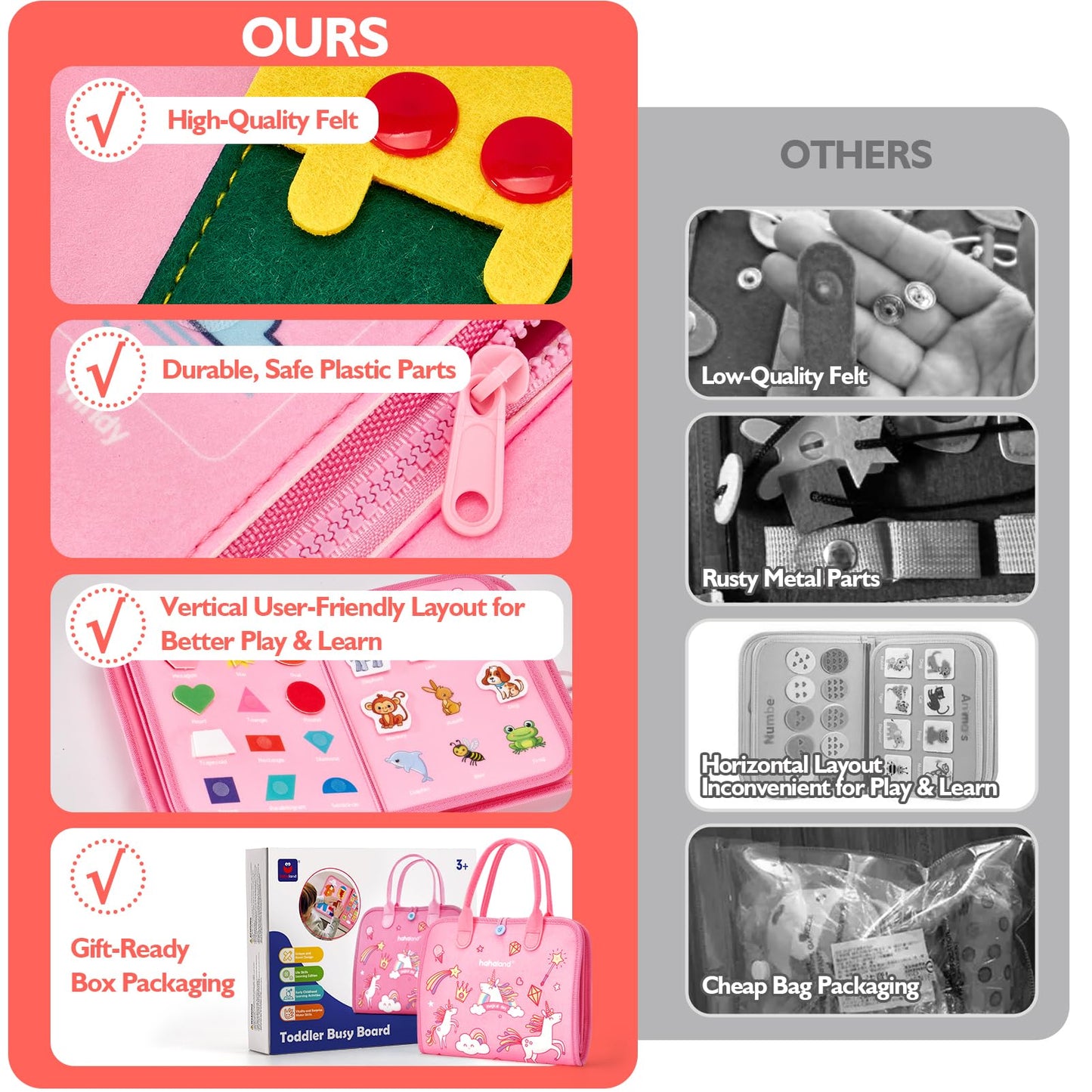 hahaland Toddler Busy Board Montessori Toys for 3 Year Old Girl Gifts, Educational Learning Toys with Life Skills, Alphabet, Number, Shape, Color, Car Ride Airplane Travel Toy Toddlers Girls Busy Book