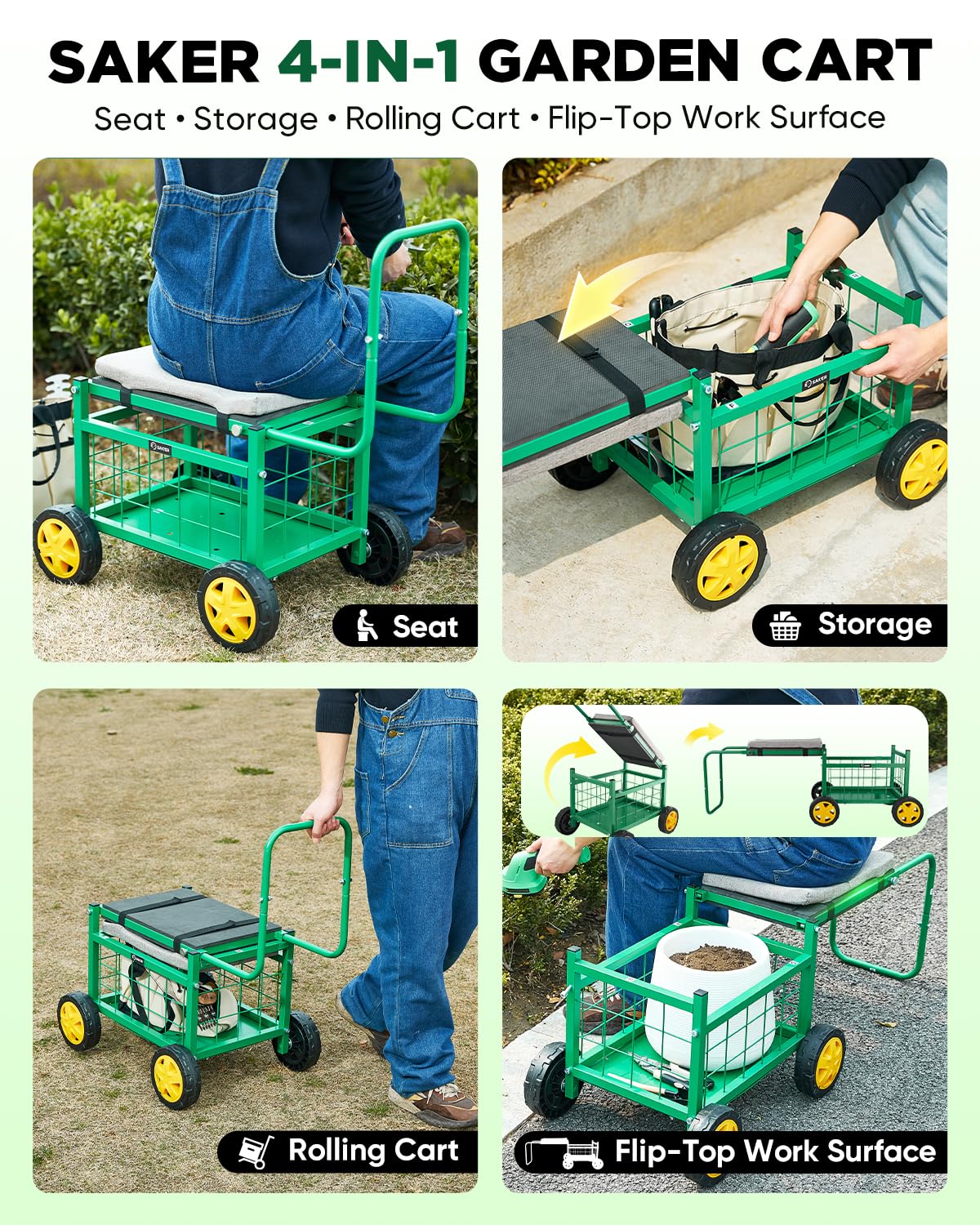 Saker Rolling Garden Cart with Seat & Wheels - 15.7'' EVA Padded Rolling Stool, 500 lb Steel Frame, Large Storage Basket - Garden Wagon Workseat for Patio Lawn Yard (Luxury Version)
