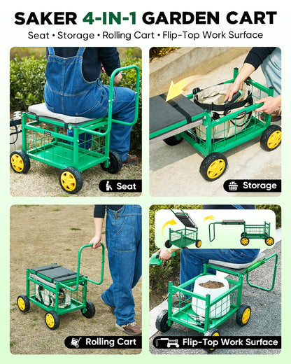 Saker Rolling Garden Cart with Seat & Wheels - 15.7'' EVA Padded Rolling Stool, 500 lb Steel Frame, Large Storage Basket - Garden Wagon Workseat for Patio Lawn Yard (Basic Version)