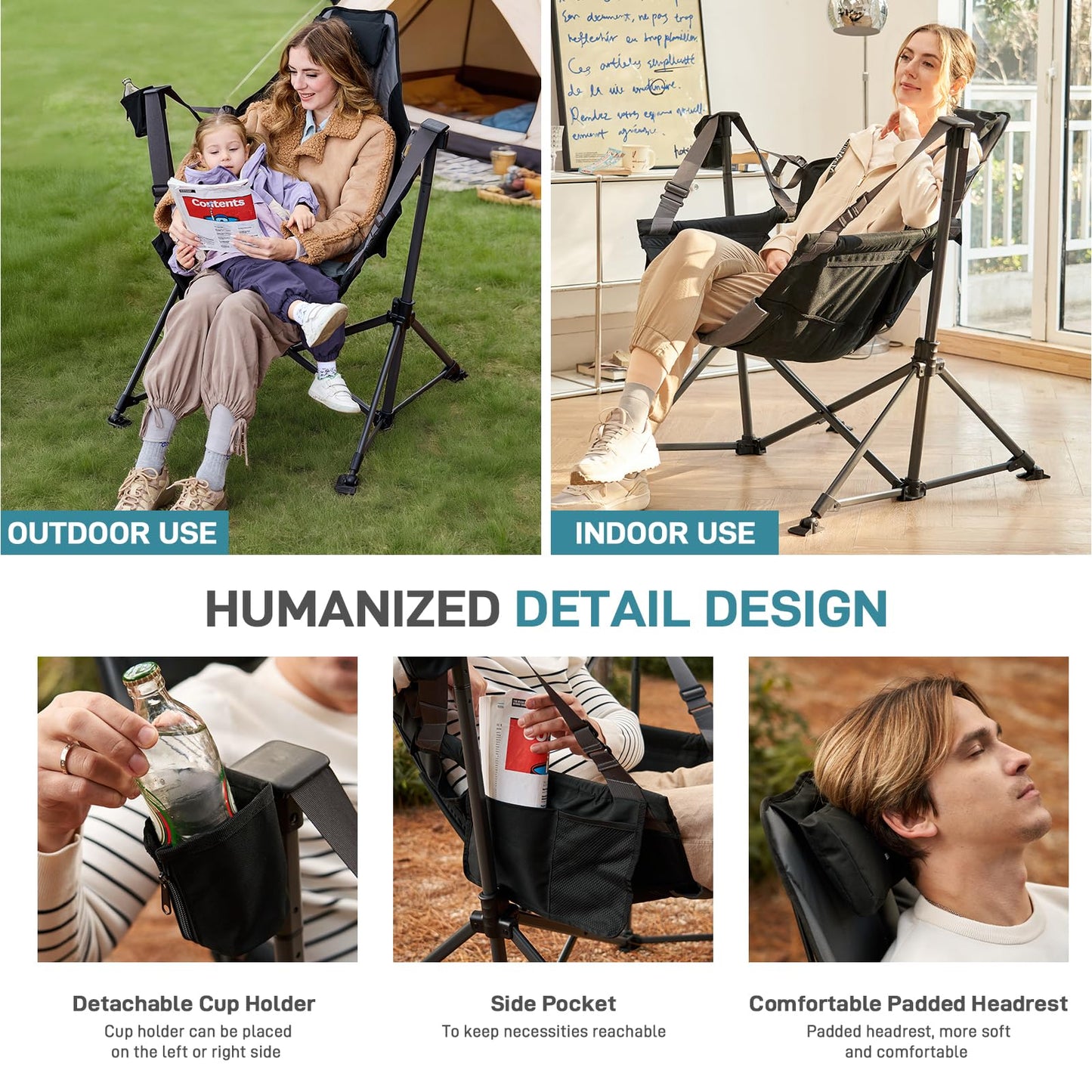 EVER ADVANCED Padded Oversized Hammock Camping Chair, Compact Heavy Duty Swing Chair with Multi-Storage Pockets, Portable Folding Rocking Camping Chair, Support Up to 400lbs, Black