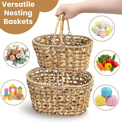 SOUJOY 2 Pack Wicker Picnic Basket with Handle, Natural Hand Woven Rattan Easter Baskets, 13" and 11" Nesting Gift Baskets for Outdoor, Camping, Garden, Wedding, Home Organization