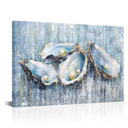 FuShvre Coastal Theme Wall Art Decor Oyster Shell with Pearl Canvas Painting Blue Prints Artwork for Bathroom Bedroom Stretched and Framed 36"x24" (L)