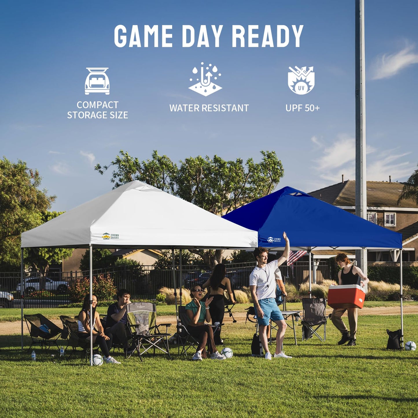 CROWN SHADES 10x10 Pop Up Canopy, Patented Center Lock One Push Tent Canopy, Newly Designed Storage Bag, 8 Stakes, 4 Ropes (10x10, White)