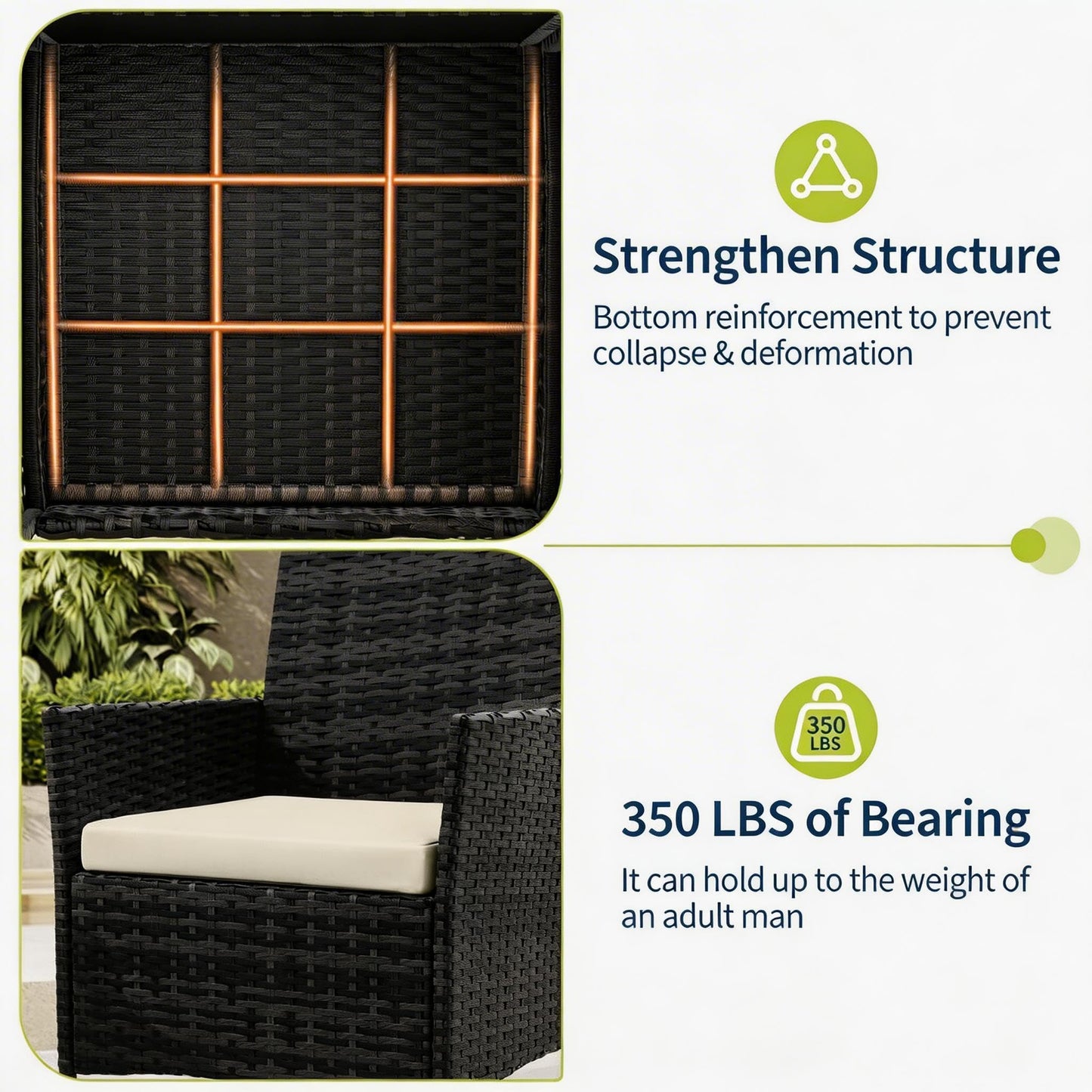 MilleLoom 3-Piece Outdoor Furniture Set, PE Rattan Wicker Chairs with Soft Cushions & Tempered Glass Coffee Table - All-Weather Patio Set for Garden, Backyard, Porch, Poolside (Black/Beige)