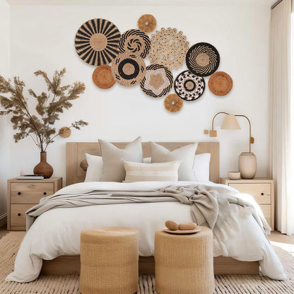 Boho Wall Basket Decor Set of 11 - Hanging Woven Bulrush Basket Wall Decor, Handcrafted Round Flat Baskets Wall Art, for Rustic Farmhouse、Home - Unique Rattan Wicker Wall Decor（Black Retro）