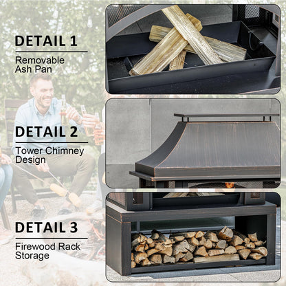 39" Fire Pits with Wood Storage for Outside, Large Wood Burning Outdoor Fireplace with Chimney, Mesh Spark Screen & Fire Poker, Idea for Backyard, Patio, Party, Camping, Picnic
