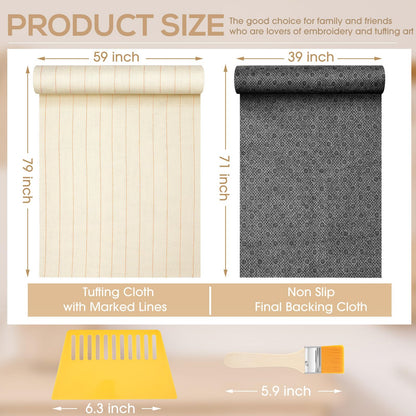 Tudomro 12 Pcs 79'' X 59" Large Tufting Cloth for Rugs and 71'' X 39" Non Slip Final Backing Tuft Fabric Monks Cloth for Tufting Needle DIY Rug Making, Contains Cleaning Brush and Glue Scraper