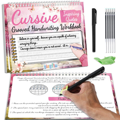 gisgfim Grooved Cursive Handwriting Workbook Magic Reusable Grooved Cursive Handwriting Practice Guided Tracing with Disappearing Ink Pens for Beginner Learning Activities Supplies (Inspiring Quotes)