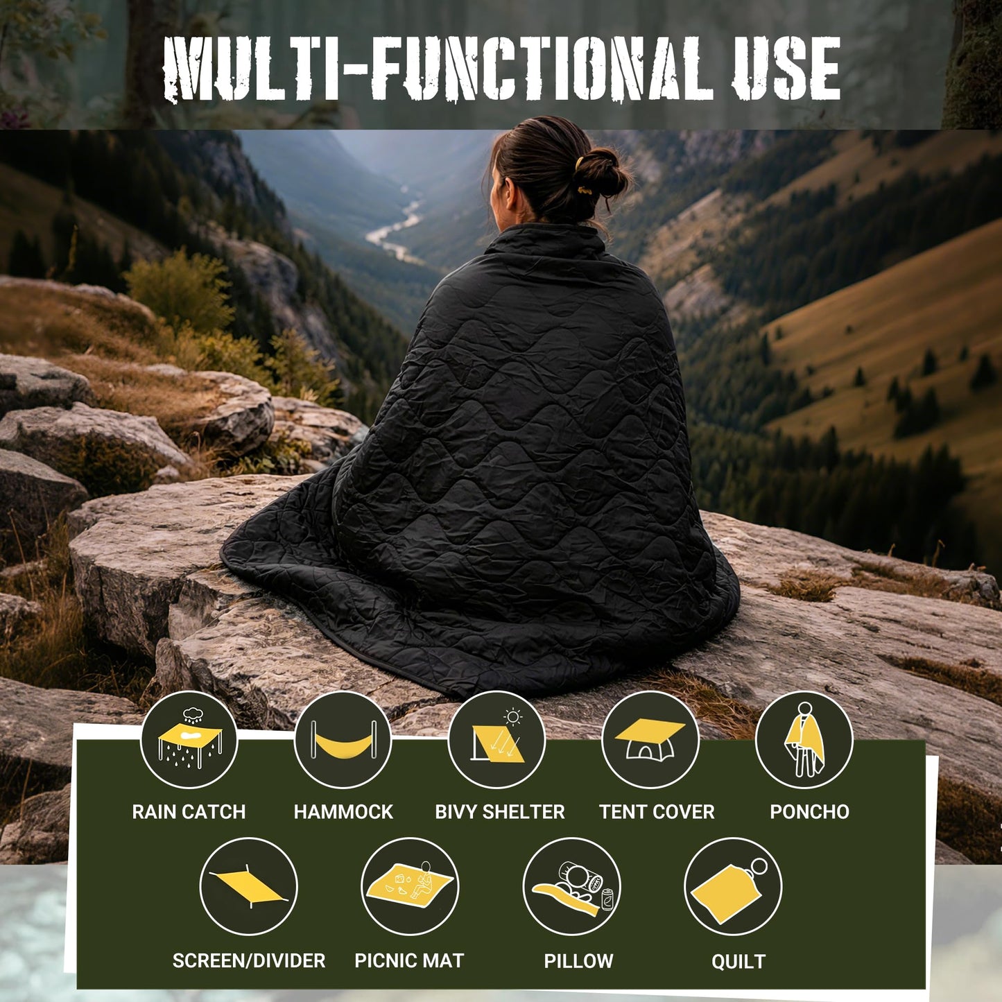 Lenotos Woobie Blanket, Thermal Insulated Military Poncho Liner, Water-Resistant, Portable, Insulation, for Hiking, Survival with Compression Carry Bag (Black)