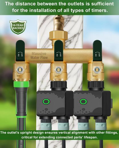 LNEZCDB 3 Way Hose Splitter, Heavy Duty Full Flow Garden Water Hose Bib Spigot Splitter, Brass Rust and Freeze Resistant Outdoor Faucet Splitter, T Adapter Connector with 3/4 - Inch GHT Thread （Green）