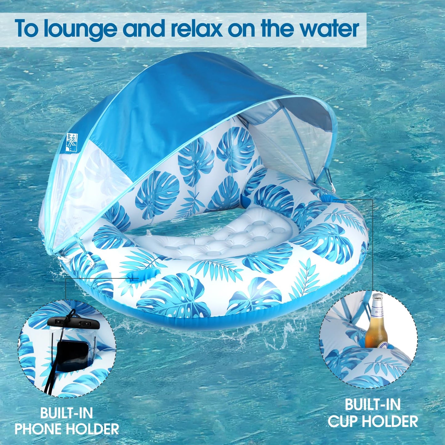 COOLCOOLDEE New Upgraded Pool Chair Float with Shade,XL Pool Floats for Adults Heavy Duty,Inflatable Pool Chair Lounge Float with Cup Holder & Backrest for Pool,Lake,Beach