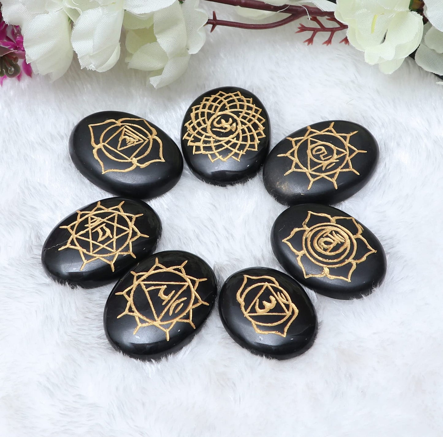 Crocon Black Agate Gemstone 7 Pcs Engraved Oval Shape 7 Chakra Symbol Stones for Reiki Healing Chakra Stone Balancing Crystal Cleansing Spiritual Money Good Luck Gift Home Decor Size: 20-25 mm