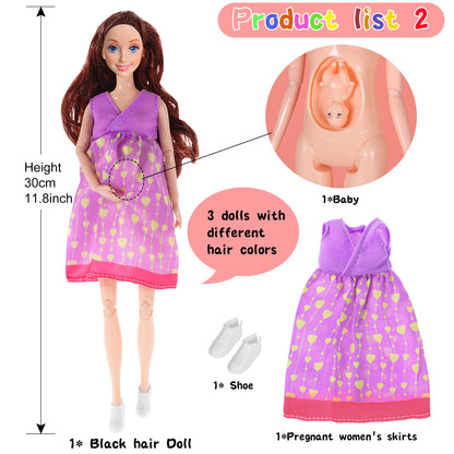 dollbie 3-Pack 11.5 inch Pregnant Dolls - Fashion Dolls with Interchangeable Pregnant and Normal Bellies - Includes 3 Dolls, 3 Dresses, 3 Babies