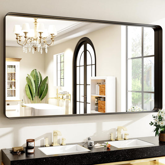 Easly 48"x30" Black Bathroom Mirror - Modern Black Mirror for Wall with Rounded Corners, Bathroom Mirrors for Vanity, Aluminum Alloy Framed Mirror Portrait or Landscape Hang