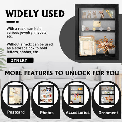 Shadow Box 14x11 Black Picture Frames Display Cases with LED Light,Memory Keepsakes Boxes with 4 Removable Trinket Shelf,for Anniversary Wedding Baby Graduates Memorial Collect-Distressed Retro