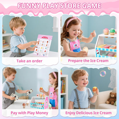 Ice Cream Toy, Wooden Ice Cream Play Set with Aprons, Fake Money, Scoop, Menu, Ice Cream Toys Pretend Play Toys for Girls Boys, Wooden Play Food Set Toy Kitchen Gifts for 3 4 5 6 Year Old Toddlers