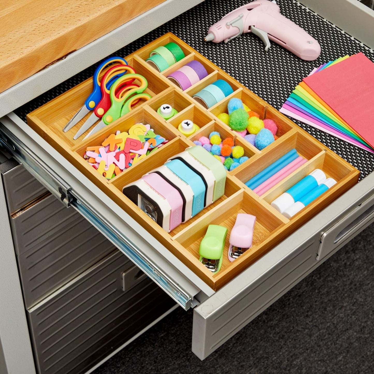 Juvale Drawer Organizer Tray - 8-Slot Drawer Divider for Utensils - Versatile Silverware Holder - Desk Tray for Office Supplies - 14 x 10 x 2 in, Brown, Bamboo