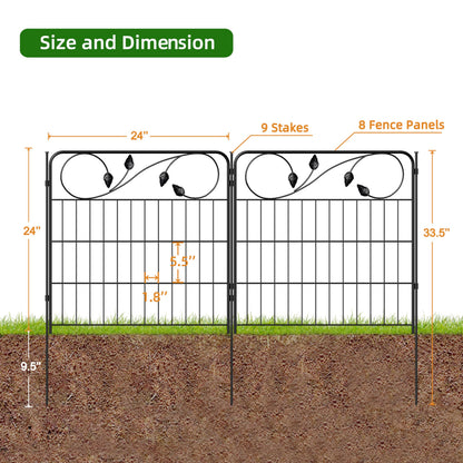 FOREHOGAR Decorative Black Garden Fencing 24in(H) X16ft(L) 8 Panels Metal Wire Edging Patio Landscape Flower Border Garden Fence for Dogs Animal Barrier for Outdoor
