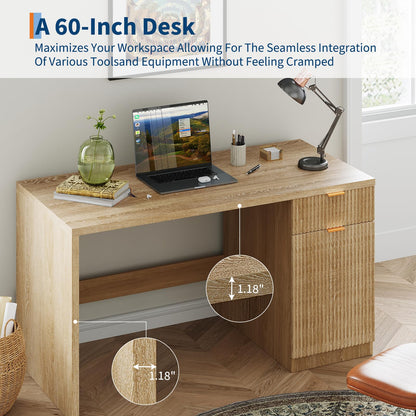 IDEALHOUSE Fluted Executive Desk with Drawers, 60" Modern Home Office Desk with Storage Cabinet, Wood Fluted Computer Desks Workstation for Working, Studying, Writing, Natural Oak
