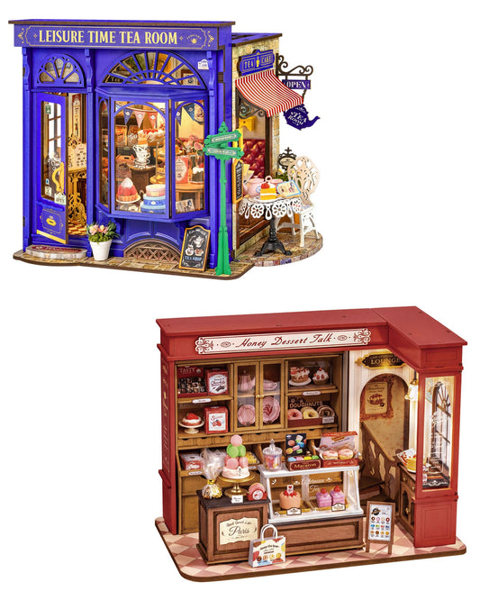 Rolife DIY Miniature House Kit Bundle - French Desset Shop & Edwardian Tea Room Booknook Kit 3D Wooden Puzzles Gift for Adults