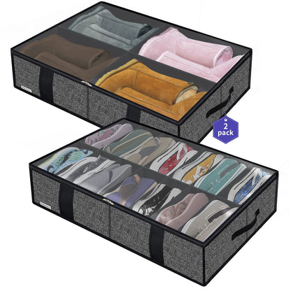 Onlyeasy 2 Pack Under Bed Shoes Storage Bag Organizer (14+4 Pairs), Collapsible Shoe Boot Container with Handles, Underbed Storage Solution for Kids & Adults, 86x60x15cm, Linen-like Black, MXAUBS14S4