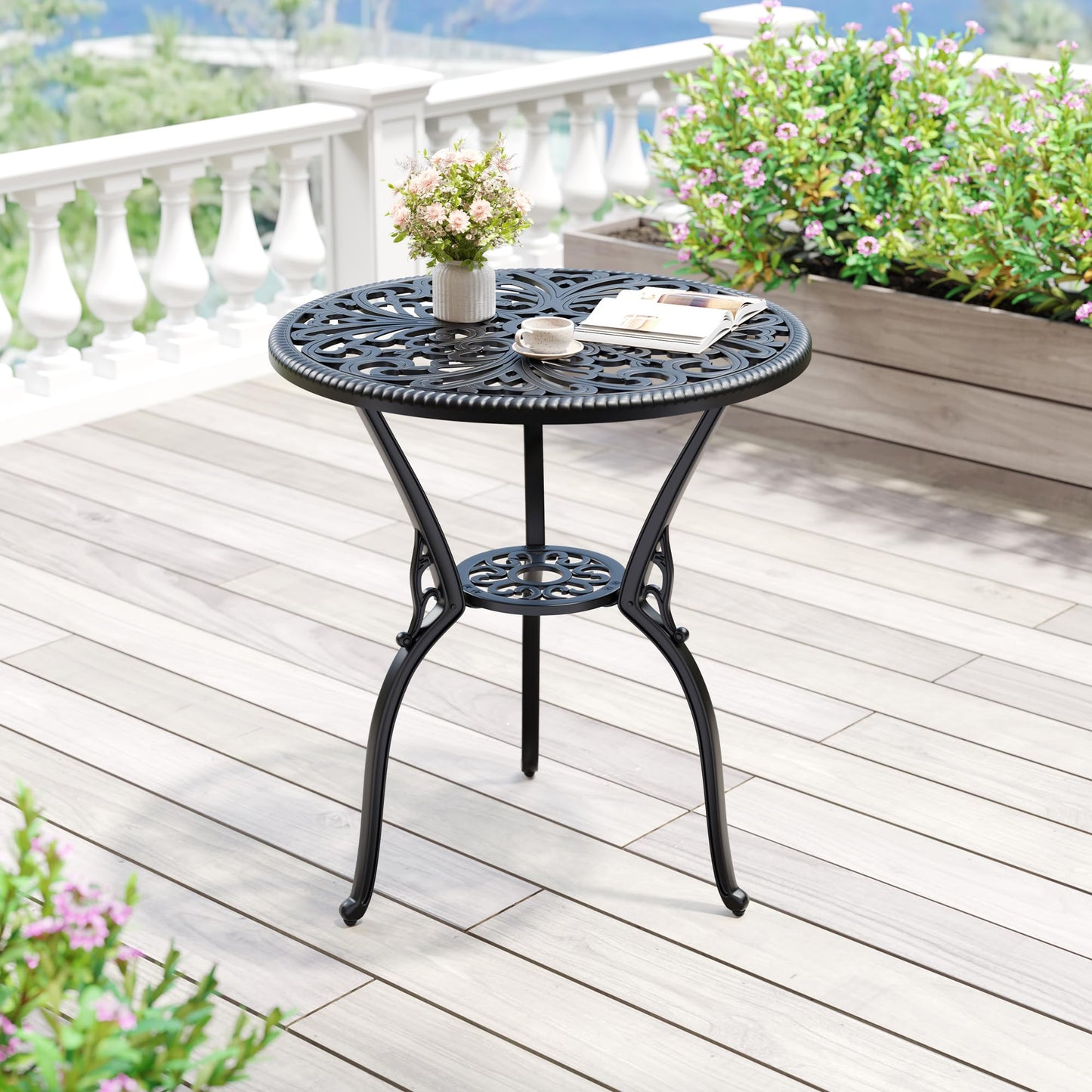 IDEALHOUSE Patio 23''Cast Aluminum Side Table with Umbrella Hole,Outdoor Small Coffee Tables,Anti-Rust Bistro Table,Round End Table,Outdoor Furniture for Indoor,Patio,Garden,Porch,Balcony(Retro Black)