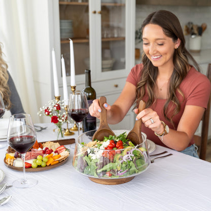 Oria Cook Large Glass Salad Bowl with Lid Set, 5.7 L Decorative Glass Mixing Bowl, Trifle and Serving Bowls with Lids as Cheese Charcuterie Board and Plate, Comes with Wood Serving Utensils