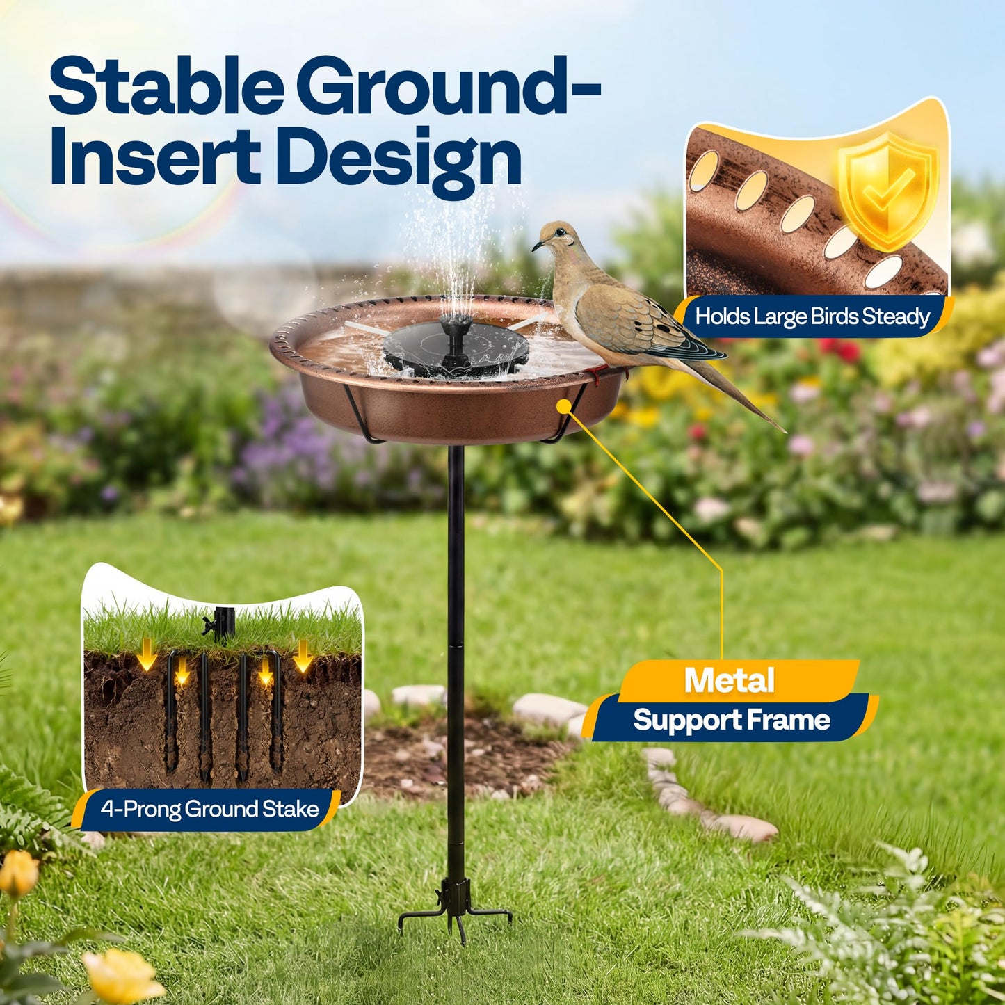 VIVOHOME Oval Bird Bath with Solar Fountain for Outside, Weather-Resistant ABS Birdbath Bowl with Solar Powered Pump, Metal Ground Stake for Outdoor, Garden, 1.3 Gallons, Bronze