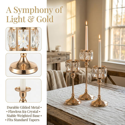 Crystal Tealight Candle Holders,Votive Candle Stands Wedding centerpieces for Tables Crystal Candlestick，Centerpiece Table Decorations (Gold, 3 Sets(9 Pcs))