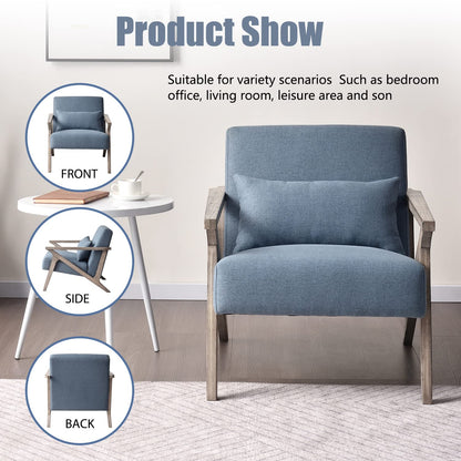 INZOY Mid Century Modern Chair with Wood Frame, Upholstered Armchair with Waist Cushion, Accent Chair for Living Room Bedroom Apartment, Easy Assembly, Blue