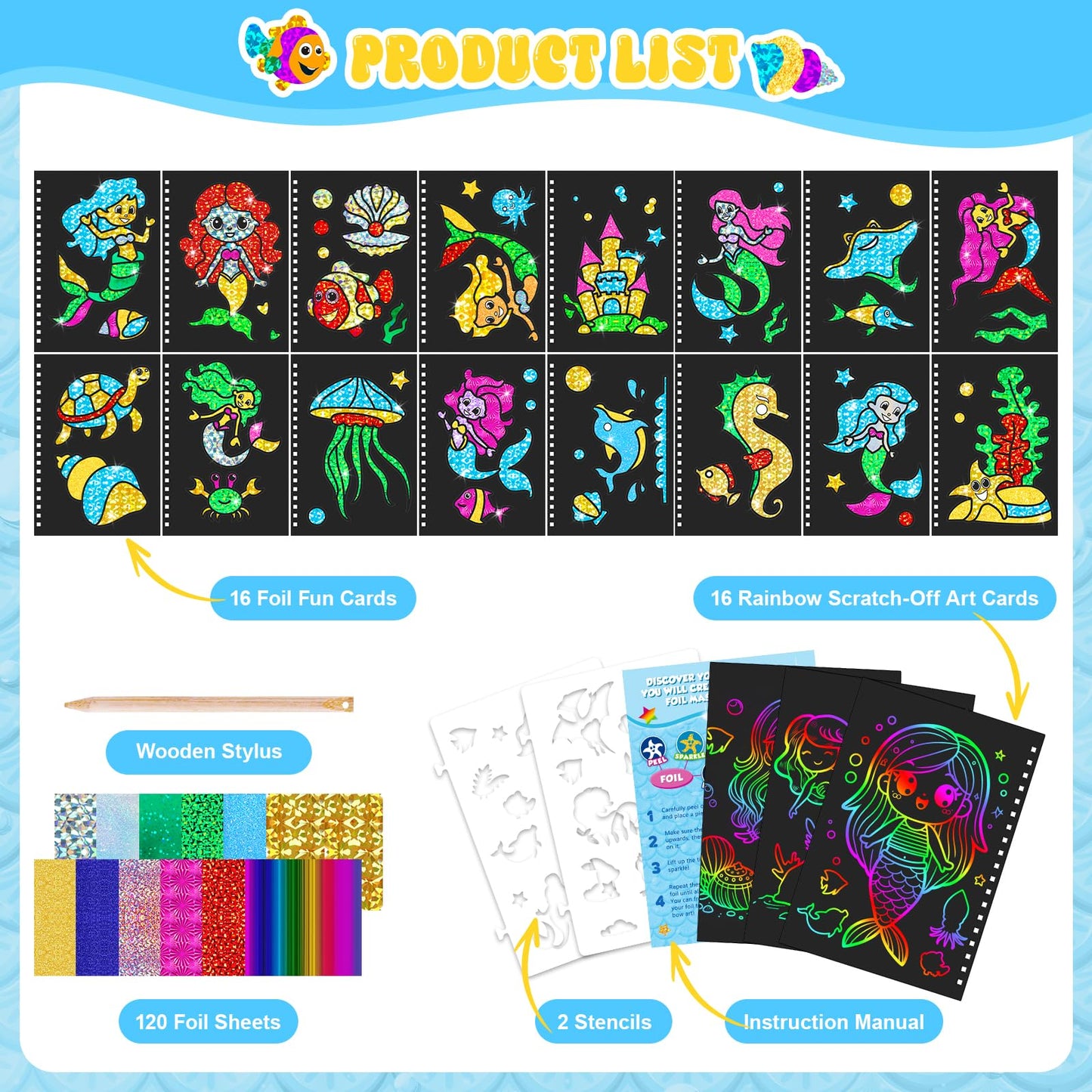 homicozy Art & Craft Activity for Kids - Foil Fun Mermaids & Scratch Art Book 2-in-1, No Mess Art Crafts for Girls,DIY Creative Activity Kit,Gifts for Girls Ages 4, 5, 6, 7, 8, 9, Travel Toys