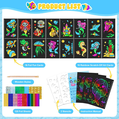 homicozy Art & Craft Activity for Kids - Foil Fun Mermaids & Scratch Art Book 2-in-1, No Mess Art Crafts for Girls,DIY Creative Activity Kit,Gifts for Girls Ages 4, 5, 6, 7, 8, 9, Travel Toys