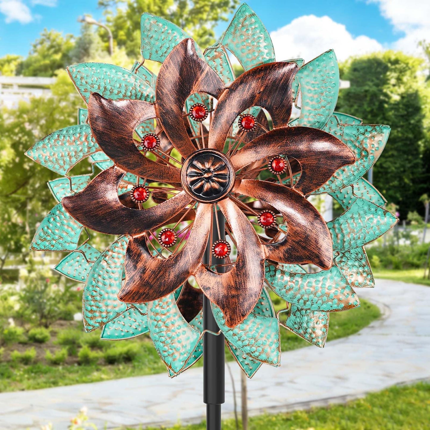 KHayRovies 360°Metal Wind Spinners Outdoor for Garden Yard, 64" Kinetic Large Wind Spinner & Sculptures with Stable Metal Stake, Garden Windmill for Yard Lawn Patio Art Decor (Green-Brown)
