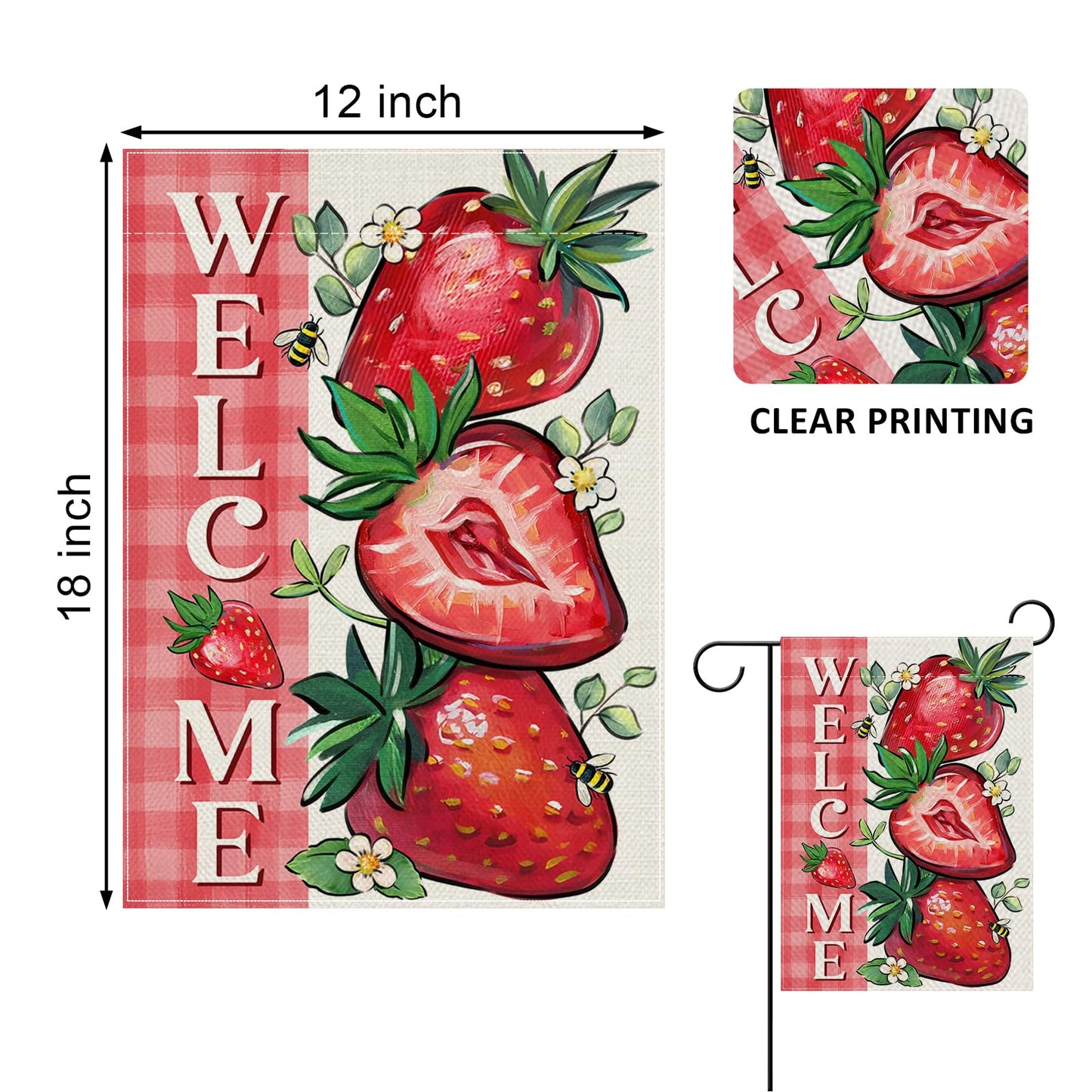 Covido Welcome Spring Summer Strawberry Decorative Garden Flag, Red Fruit Plaid Check Farmhouse Yard Outside Decorations, Seasonal Burlap Outdoor Small Home Decor Double Sided 12 x 18