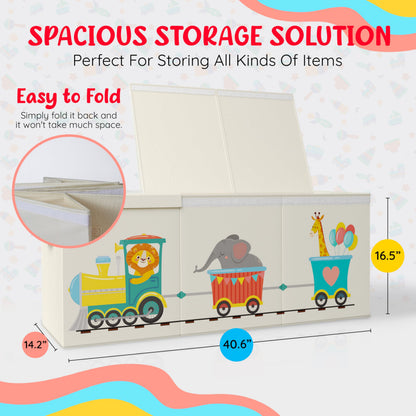 Rossoff Extra Large Collapsible Sturdy Toy Storage Organizer with Lids, Animal Train Toy Box for Boys Girls, 40"x16"x16", Modern, Beige