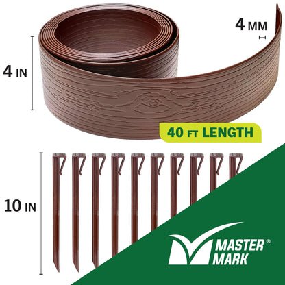 Master Mark Landscape Edging Coil (Terrace Board), 40 ft. x 4 in. Tall, Plastic Garden Edging Border with 10 Stakes, Brown