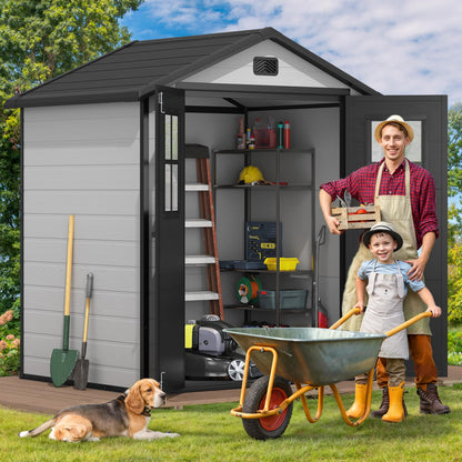 DWVO 6x4.4 FT Outdoor Storage Shed, Plastic Garden Tool Shed with 2 Windows, Double-Wall Outside Shed for Lawn Mower, Garden Tool for Backyard, Patio, Lawn, Lockable, Grey & Black