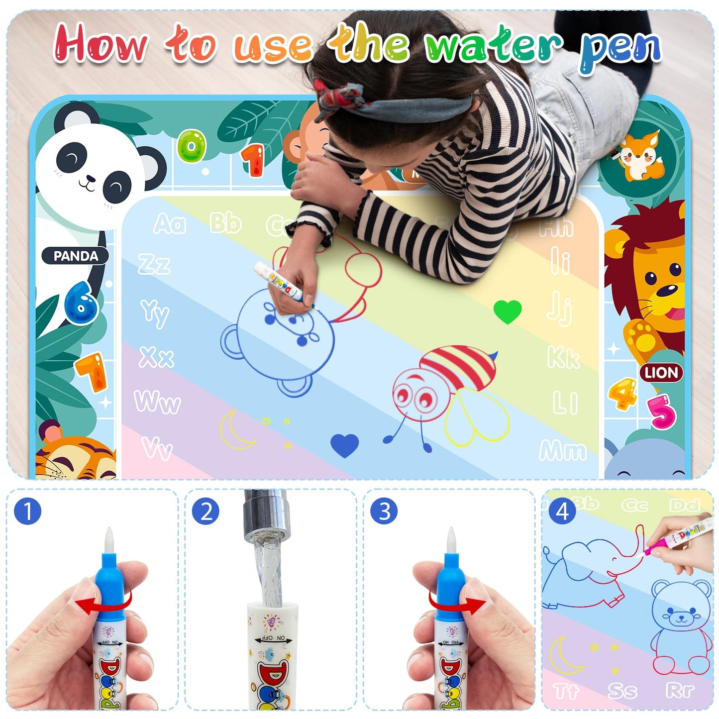 Water Doodle Mat 40 x 32 Inch Kids Water Painting Doodle Drawing Mat Toy Writing Mess Free Coloring Extra Large Magic Educational Toys for Boys Girls Age 4 5 6 7 8 Year Old Christmas Birthday Present
