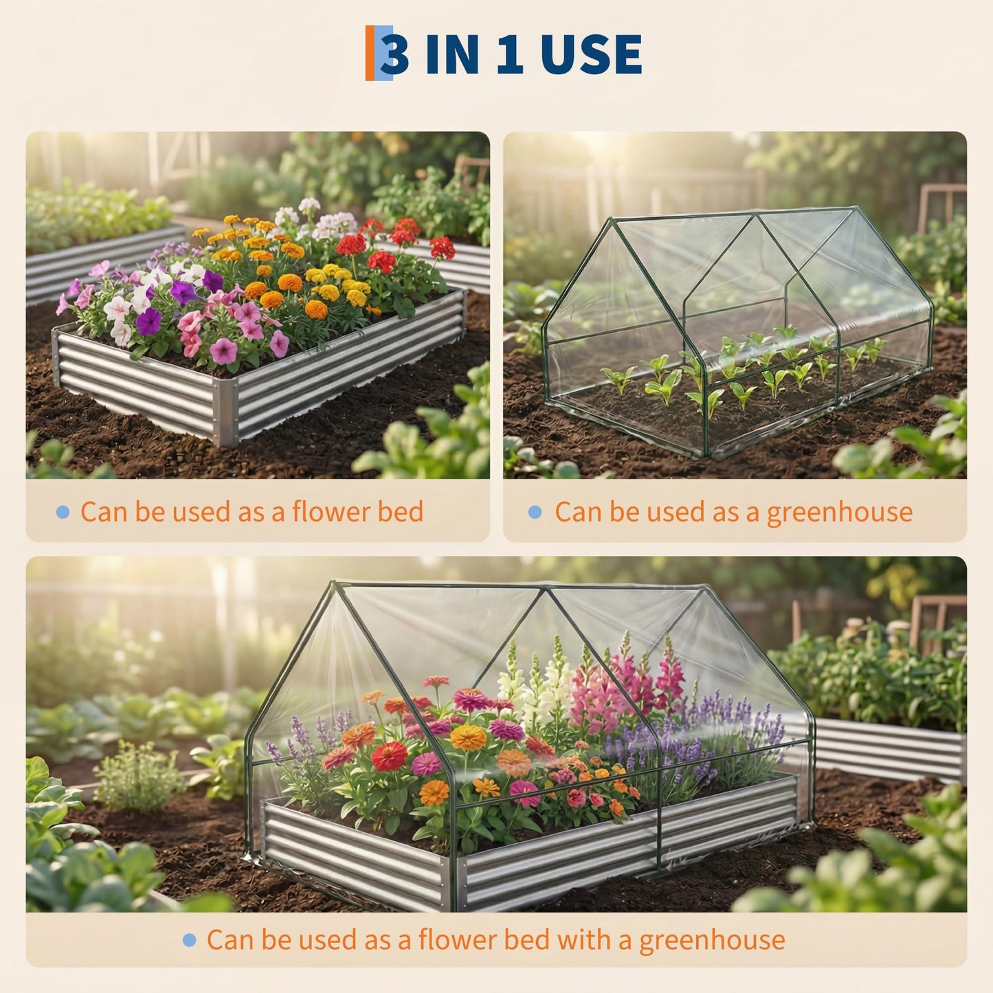 IDEALHOUSE Raised Garden Bed with Greenhouse Cover, 6x3x1 ft Outdoor Galvanized Metal Planter Box with Dual Zippered Screen Windows, Mini Clear Top Greenhouse for Vegetables, Flowers & Herbs