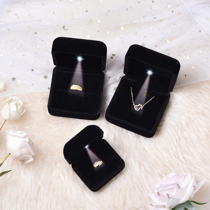 Omeet Velvet Metal Glossy with LED Pendant Box Necklace Box Couple Bracelet Box Jewelry Gift Box Case for Valentine's Day Anniversary Wedding Engagment Christmas - Black