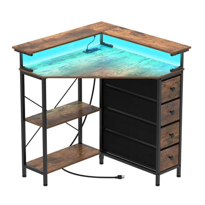 VENNQD Corner Desk with Drawers Shelves for Small Space 90 Degrees Triangle Computer Desk with Power Outlets,Gaming Desk with LED Lights Monitor Stand for Home Office Workstation Writing Table (Brown)