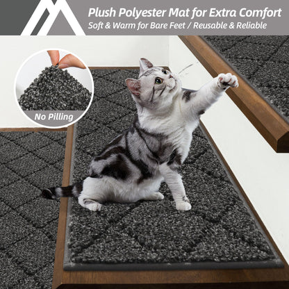 COSY HOMEER Edging Stair Treads Non-Slip Carpet Mat 28inX9in Indoor Stair Runners for Wooden Steps, Edging Stair Rugs for Kids and Dogs, 100% Polyester TPE Backing (4pc, Black)