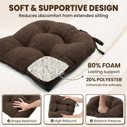 downluxe Indoor Chair Cushions for Dining Chairs, Tufted Overstuffed Textured Foam Kitchen Chair Pads with Ties and Non-Slip Backing, 15.5" x 15.5" x 4", Brown, 4 Pack
