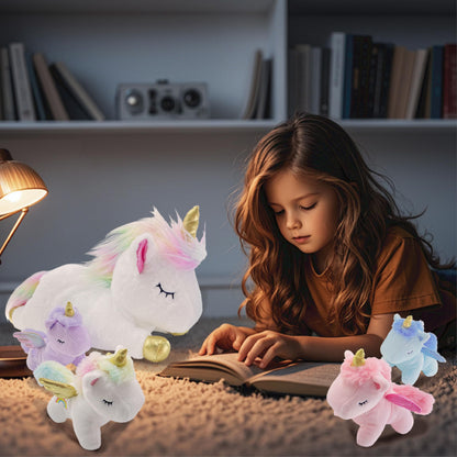 YUNCOL Unicorn Stuffed Animal,Cute Unicorn Mommy Stuffed Animal with 4 Baby Unicorns Plush in Tummy,Kawaii Unicorn Plush Toy Gift for Kids Girls Boys