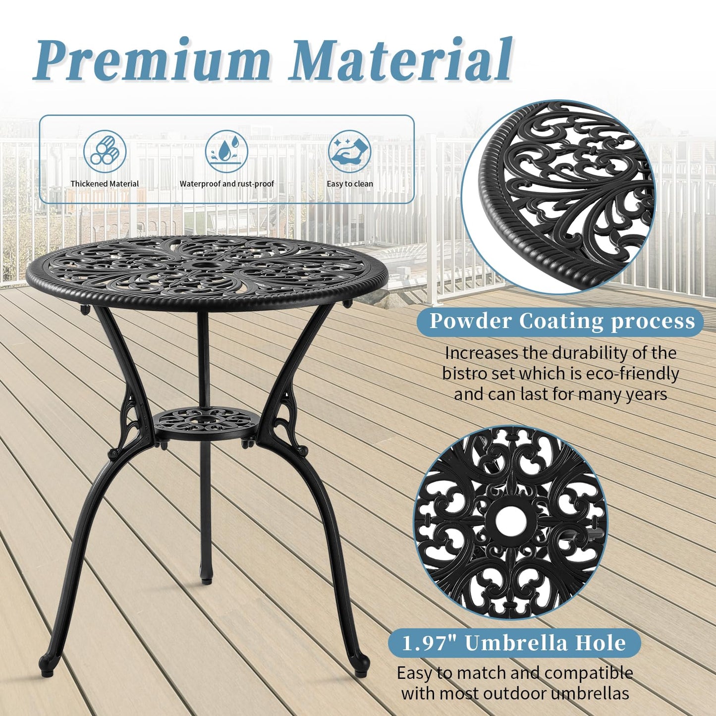 Withniture Patio Bistro Set 3 Piece with Cushions, All Weather Bistro Table and Chairs Set of 2 with Umbrella Hole, Outdoor Bistro Set, Cast Aluminum Patio Furniture Set for Garden Porch, Black